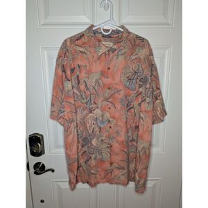 Tommy Bahama Silk Shirt Men's Size 2XL Orange Tropical Print Wood Buttons EUC
